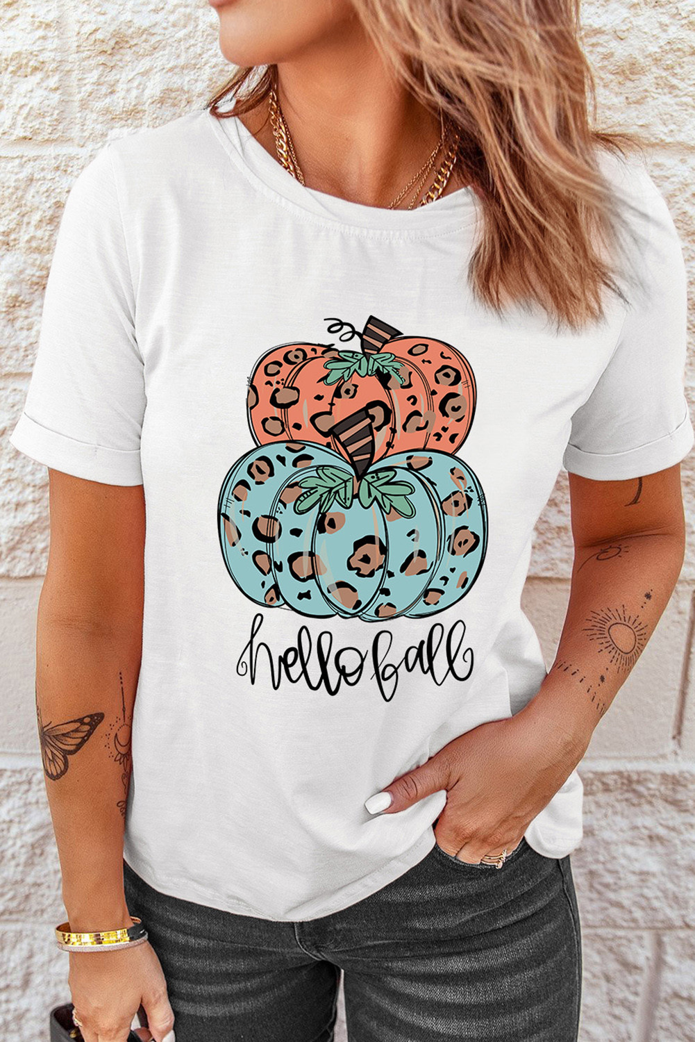 White Hello Fall Leopard Pumpkin Print Graphic Tee