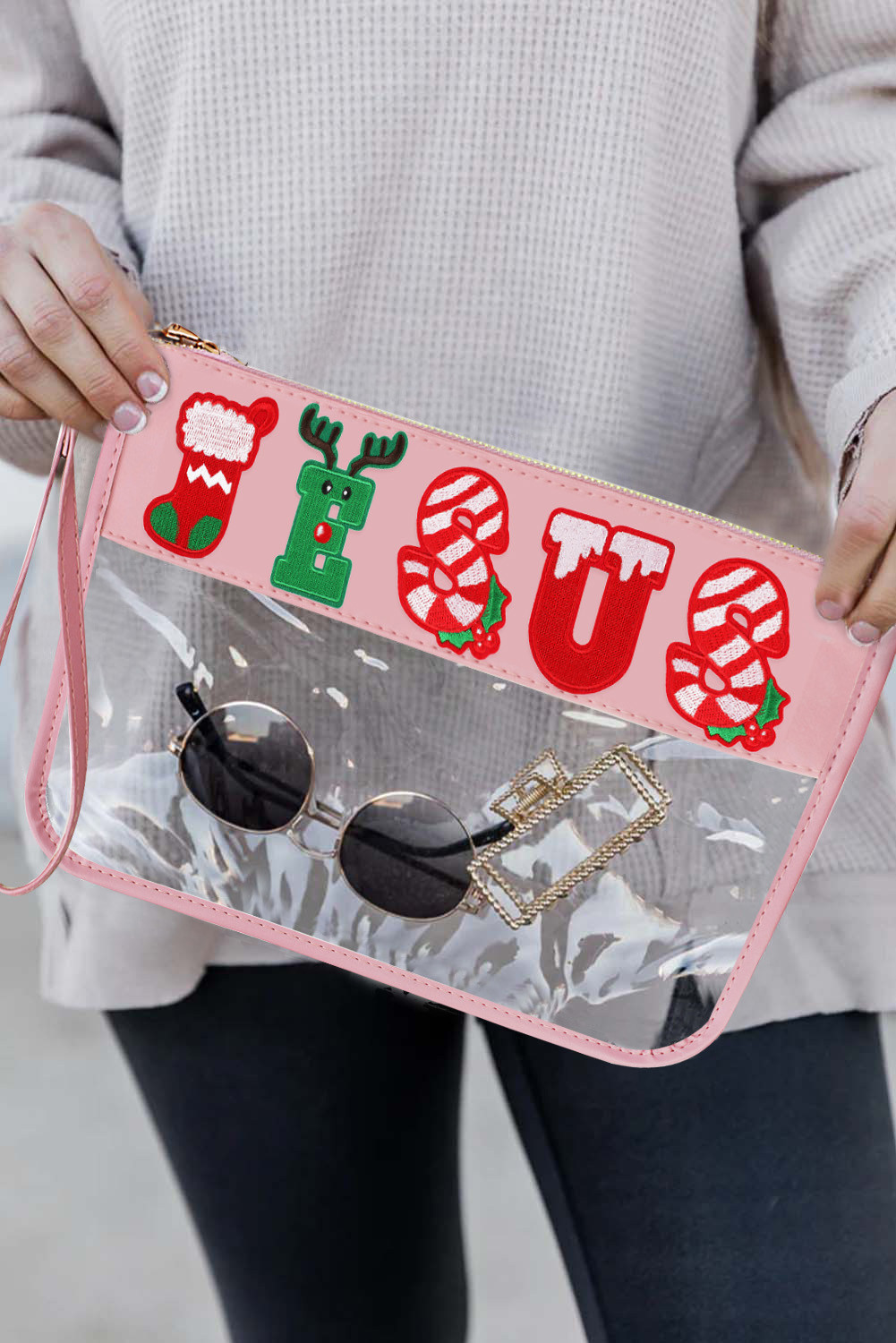 Pink Christmas JESUS Letter Printed Clear Makeup Clutch bag