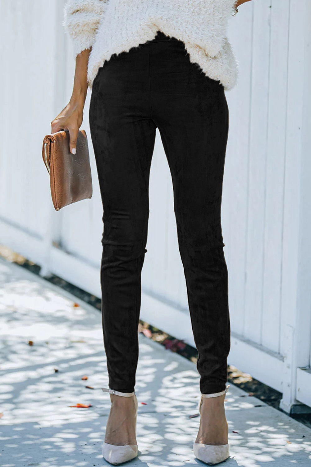 Shewin Wholesale Cheap Black Mid Rise Faux Suede Skinny LEGGINGS