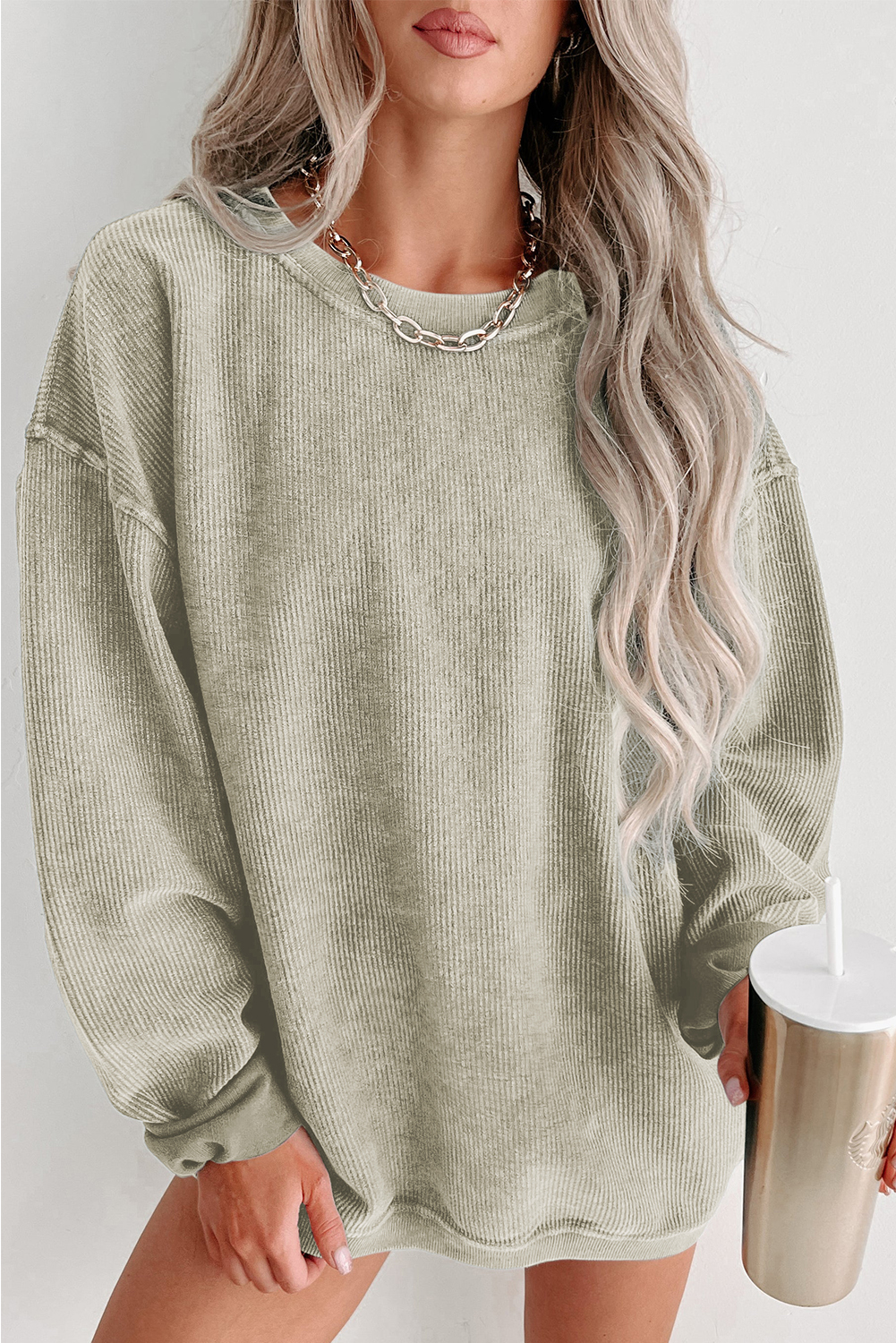 Shewin Wholesale Western Apparel Green Ribbed Round Neck Drop Sleeve Pullover Sweatshirt