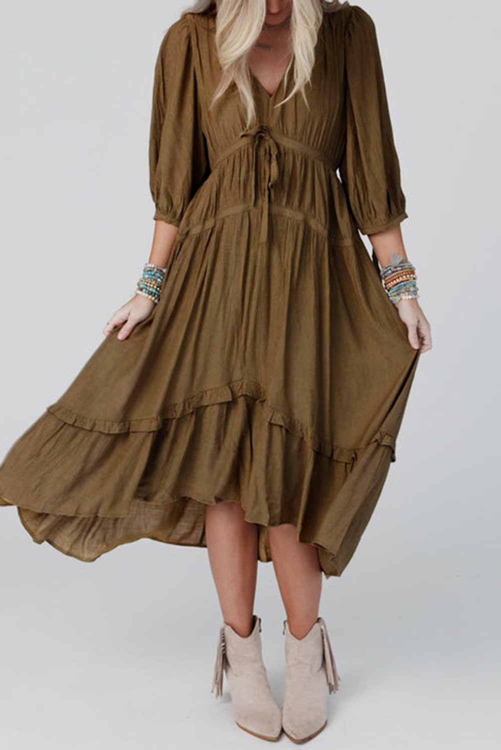Green Tie Puff Sleeve Empire Waist Flared Midi Dress