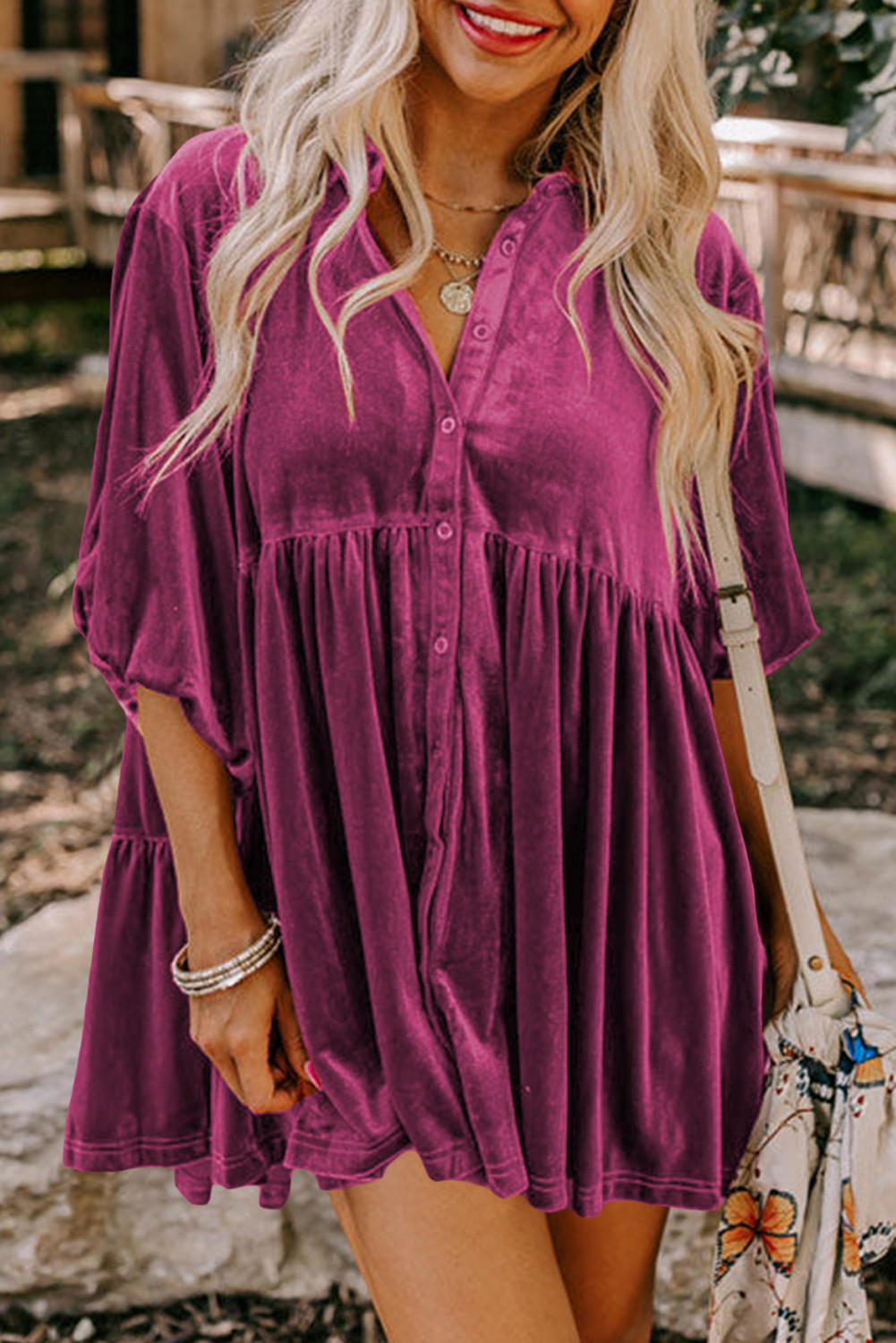 Pitaya Lantern Sleeve Tunic Babydoll Velvet Shirt