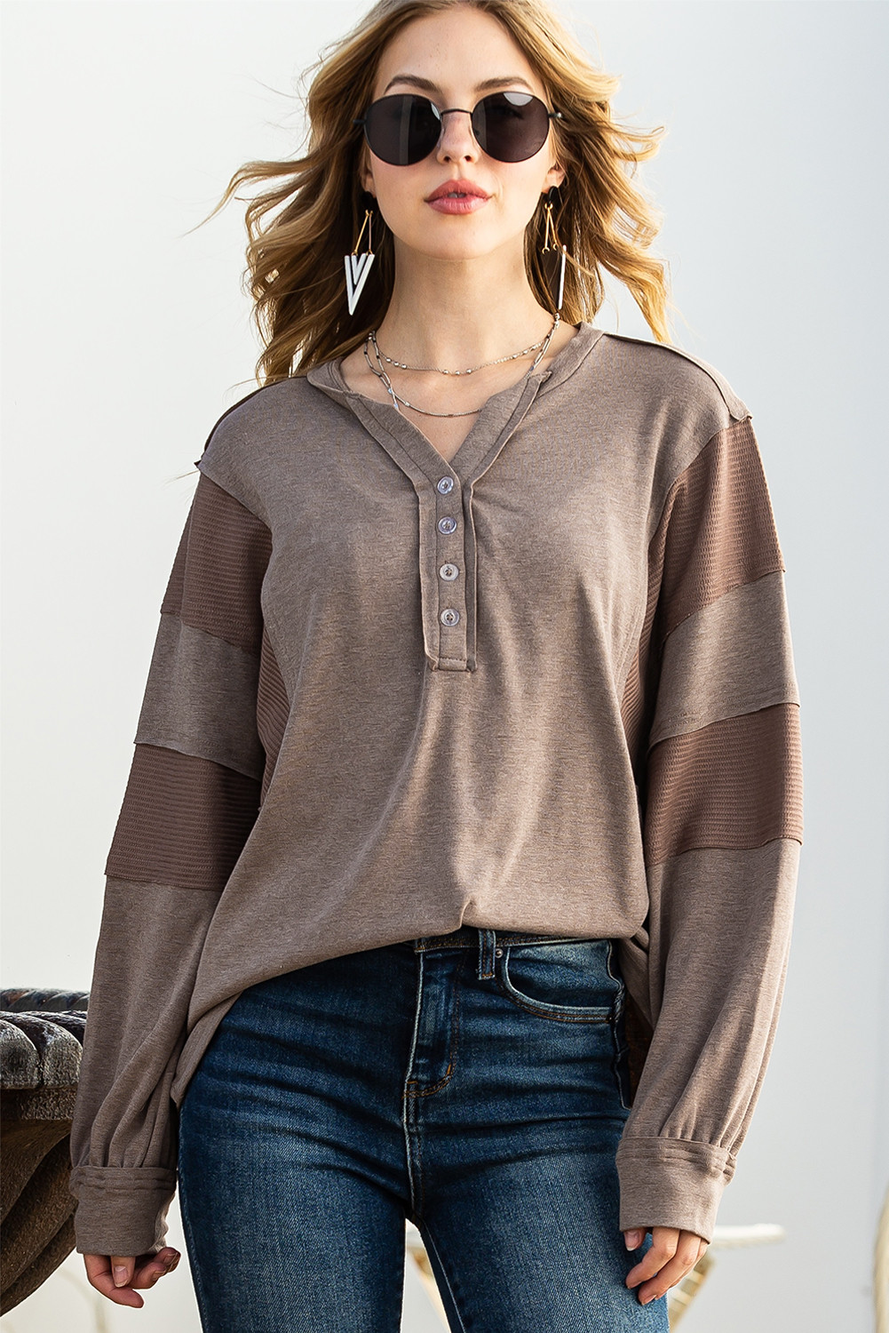 Chestnut Waffle Patchwork Dolman Sleeve Henley Top