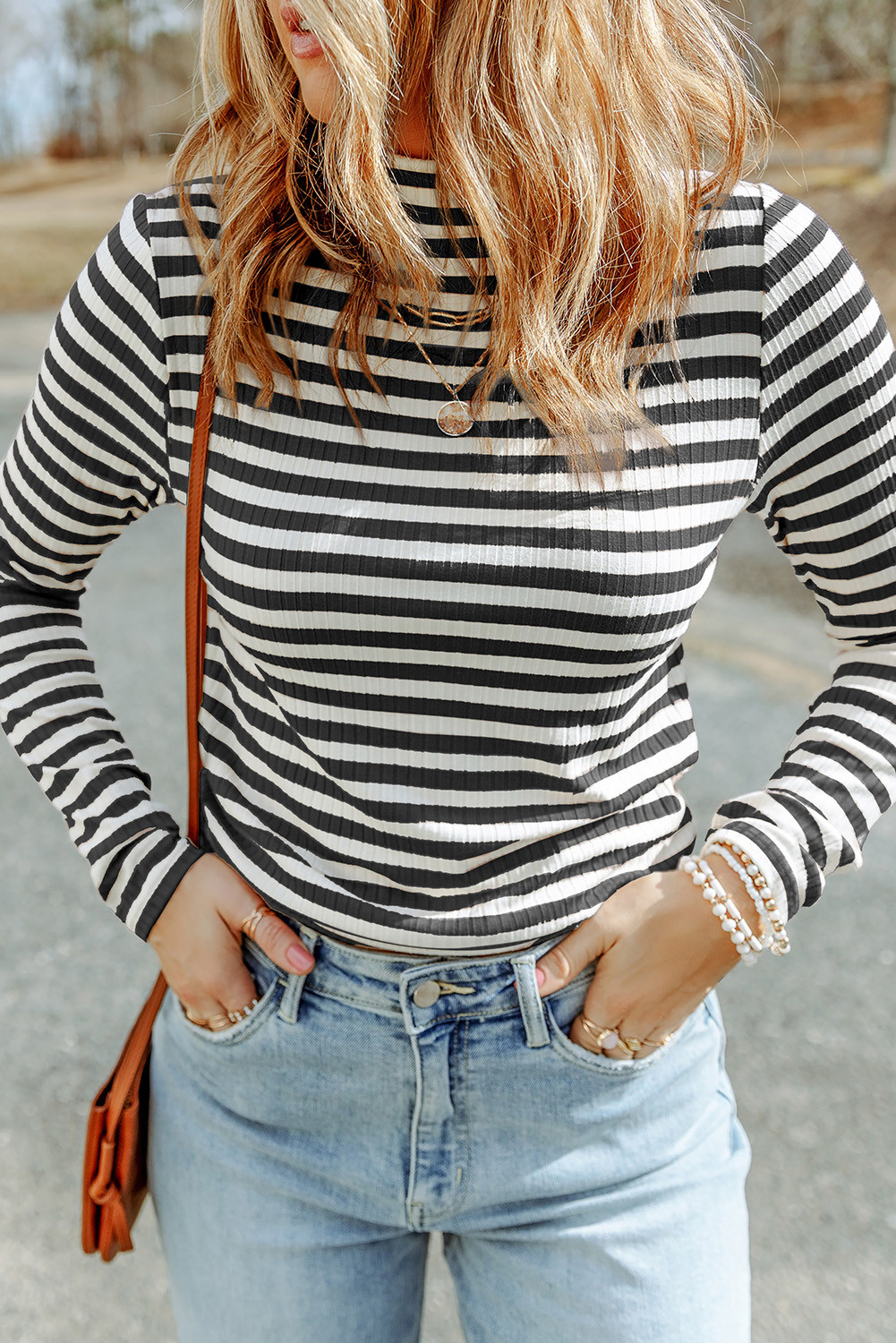 Black Striped Print Ribbed Knit Long Sleeve Mock Neck Top
