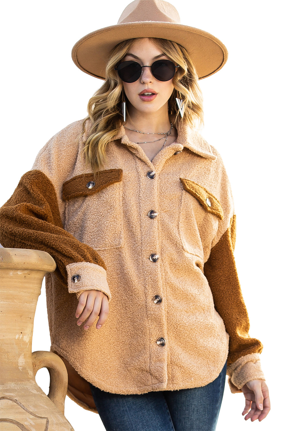 Camel Sherpa Colorblock Flap Pocket Jacket