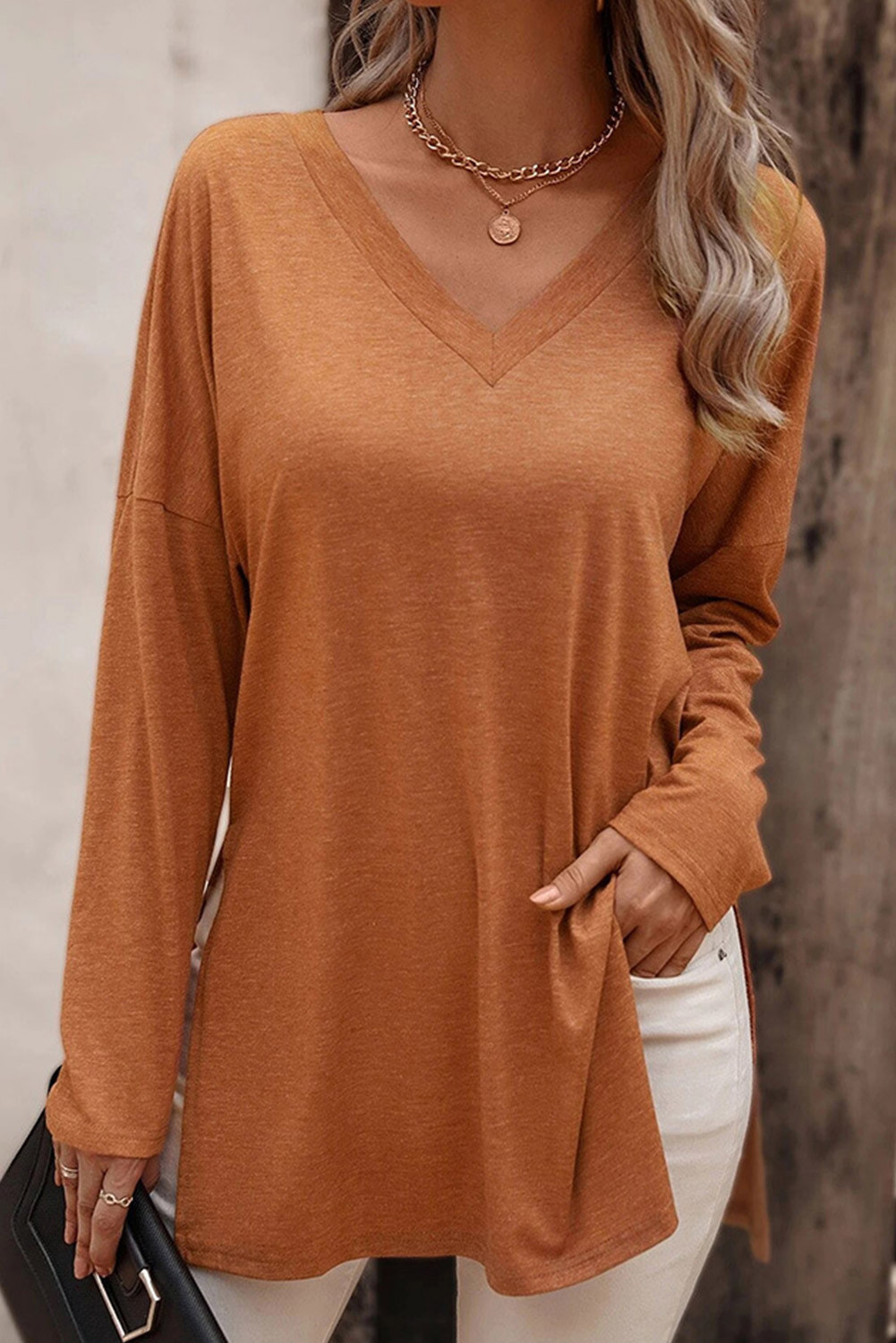 Camel Plain Drop Shoulder V Neck Slit Long Sleeve Top