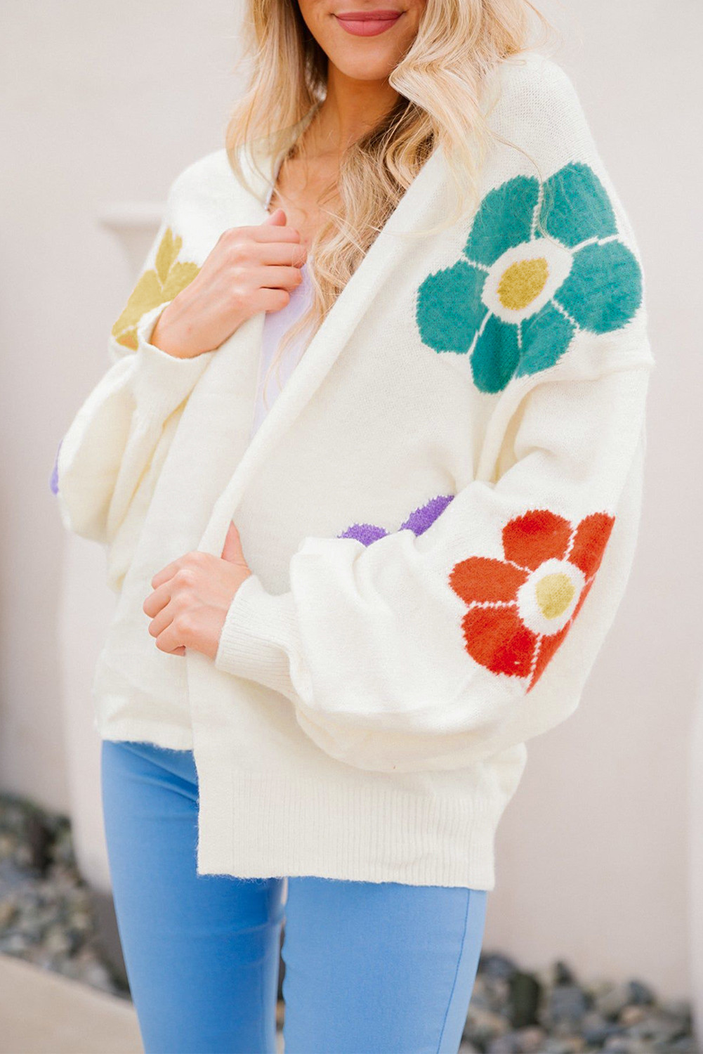 Bright White Flower Jacquared Bubble Sleeve Open Cardigan