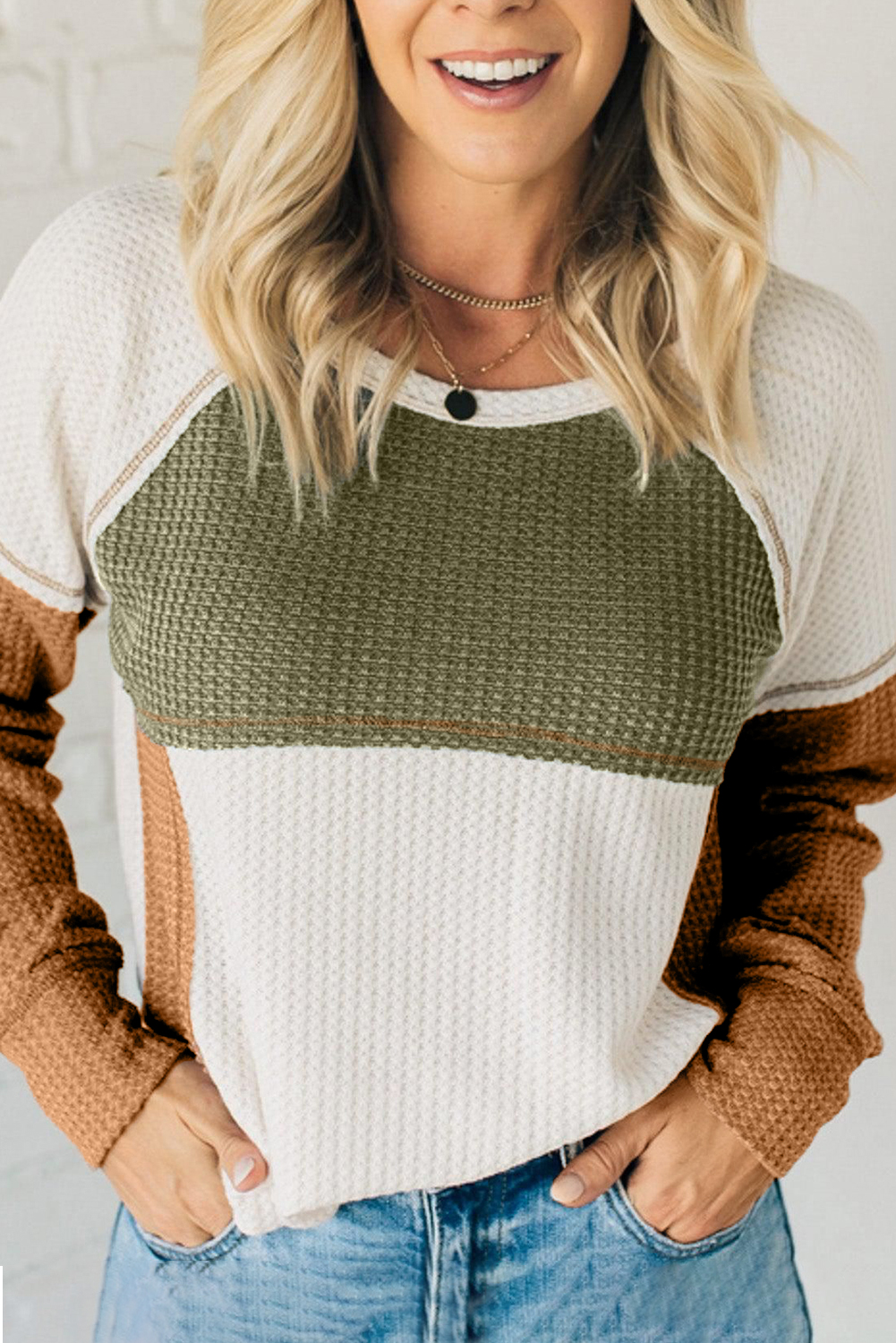 Shewin Wholesale WESTERN Clothing  Green Waffle Knit Colorblock Patch Long Sleeve Top