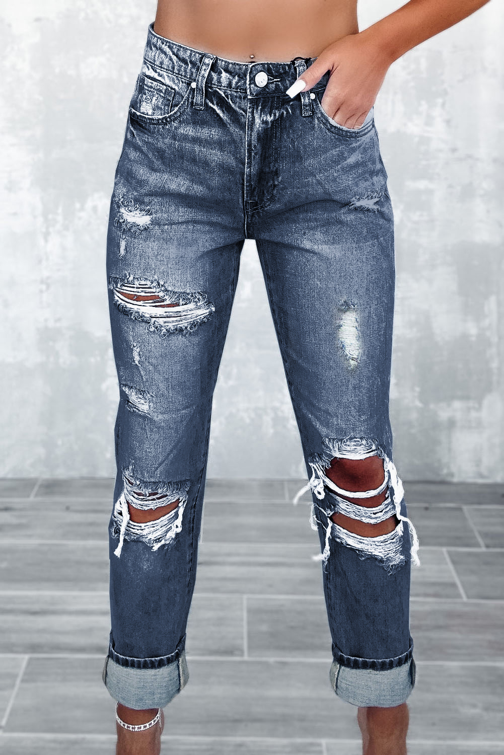 Shewin Wholesale High Quality Navy Blue Light Wash Frayed Slim Fit High Waist JEANS