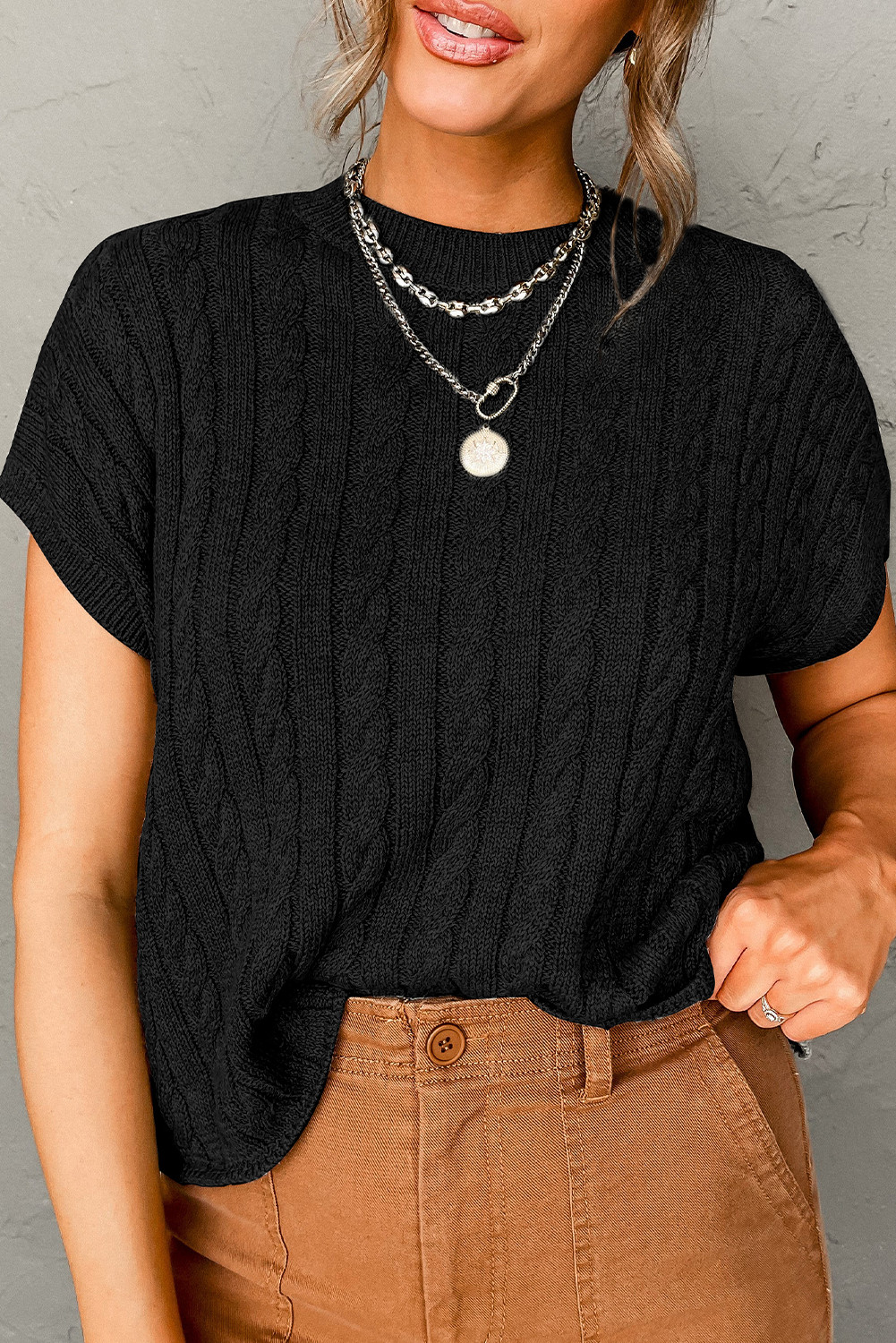 Black Cable Knit Crewneck Short Sleeve Sweater
