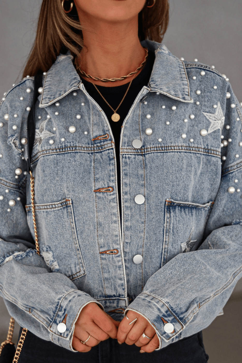 Shewin Wholesale High Quality Sky Blue Distressed Pearls Star Cropped Denim JACKET