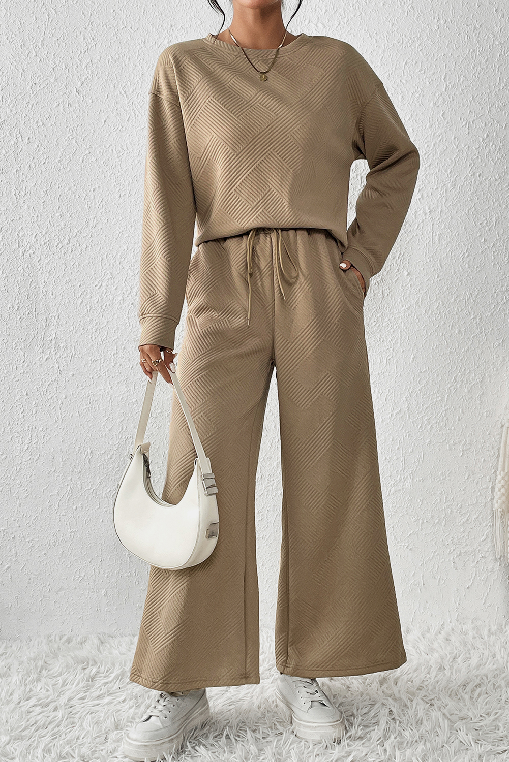 Shewin Wholesale Western Clothes Dark Khaki Textured Loose Slouchy Long Sleeve Top and PANTS Set