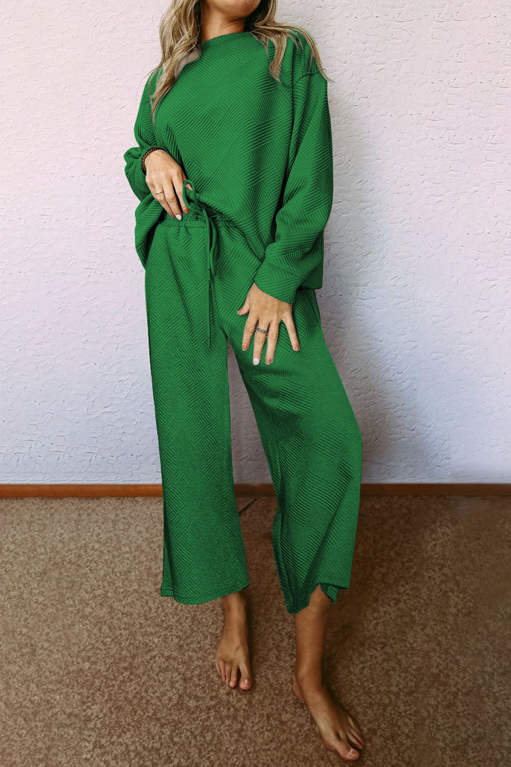 Shewin Wholesale Western Clothes Dark Green Textured Loose Slouchy Long Sleeve Top and PANTS Set
