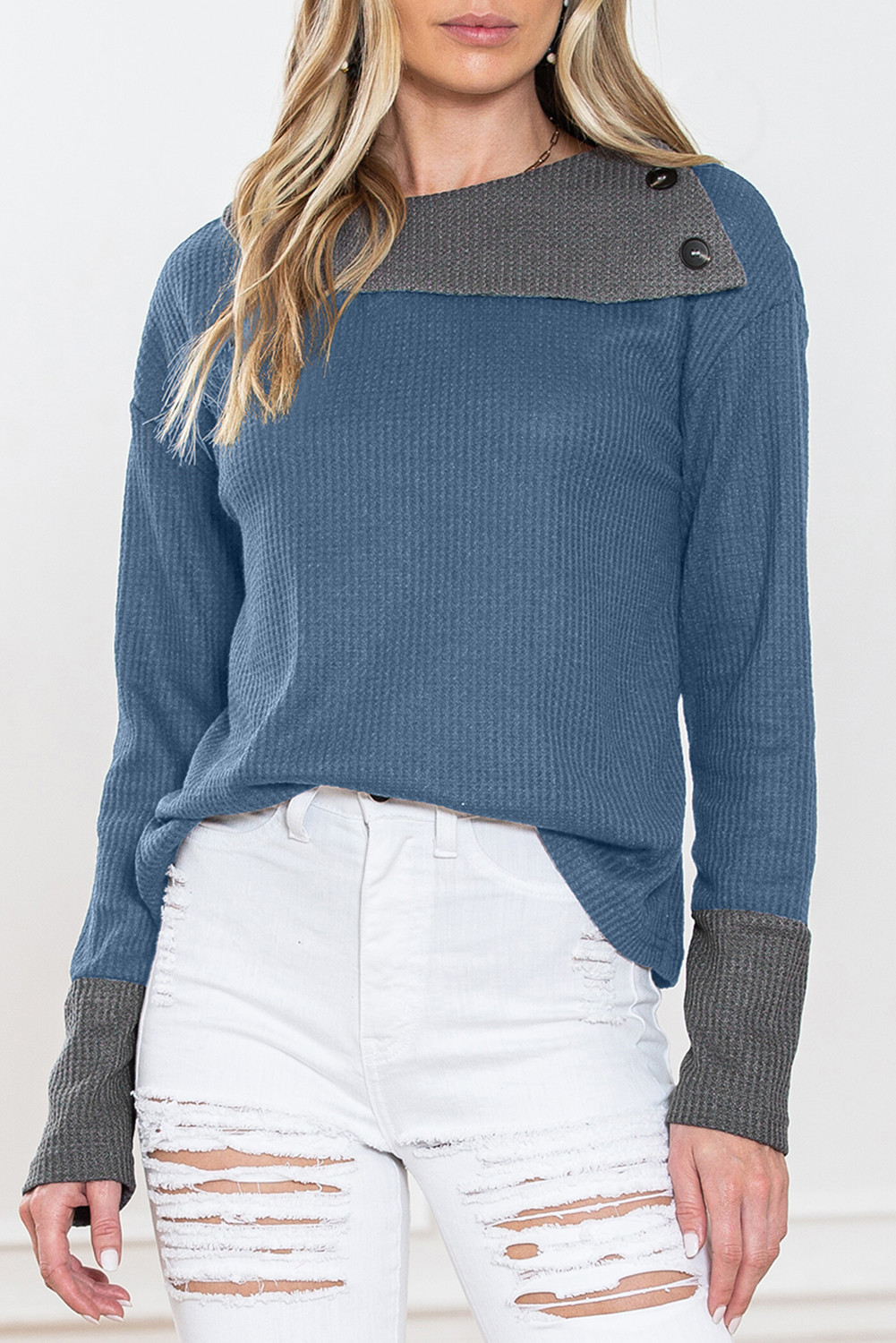 Sail Blue Waffle Knit Patchwork Asymmetrical Neck Top
