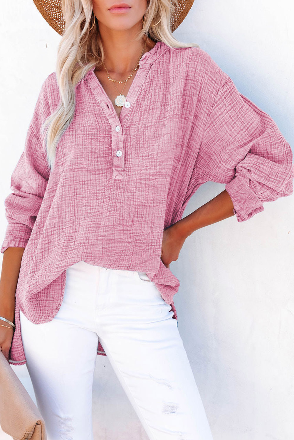 Shewin Wholesale WESTERN Pink Loose Crinkle Button V Neck Henley Top