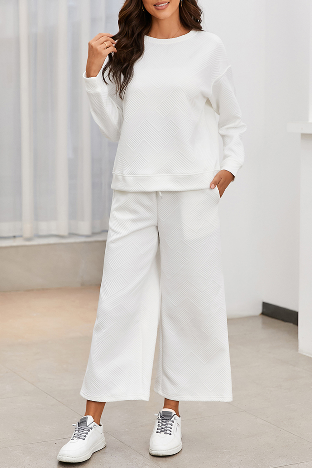 Shewin Wholesale Western Boutique White Textured Loose Slouchy Long Sleeve Top and PANTS Set
