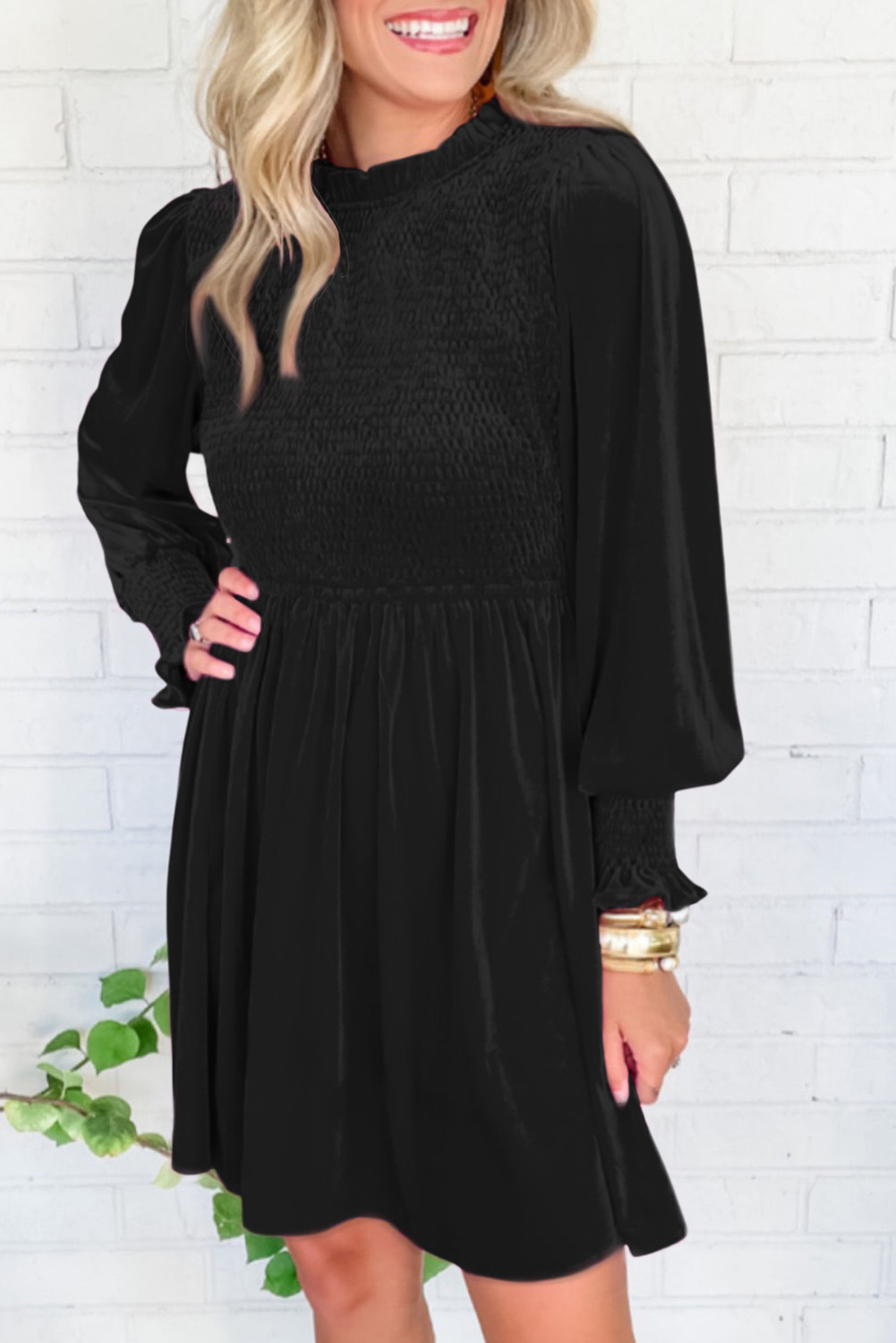 Black Smocked Lantern Sleeve Frilled Velvet Dress