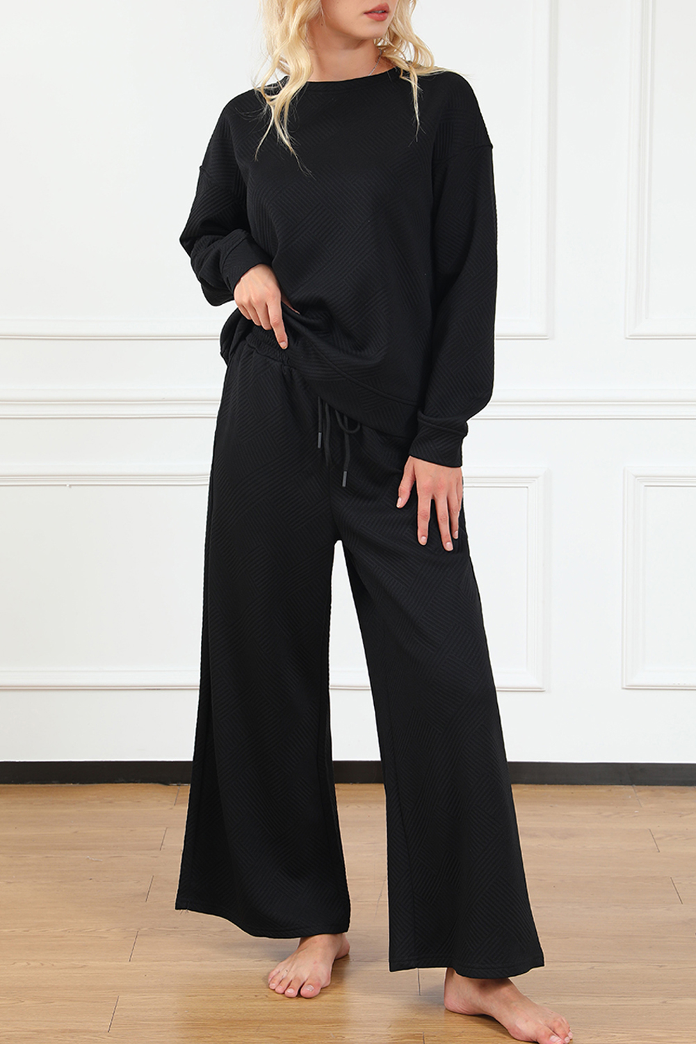 Shewin Wholesale WESTERN Boutique Black Textured Loose Slouchy Long Sleeve Top and Pants Set