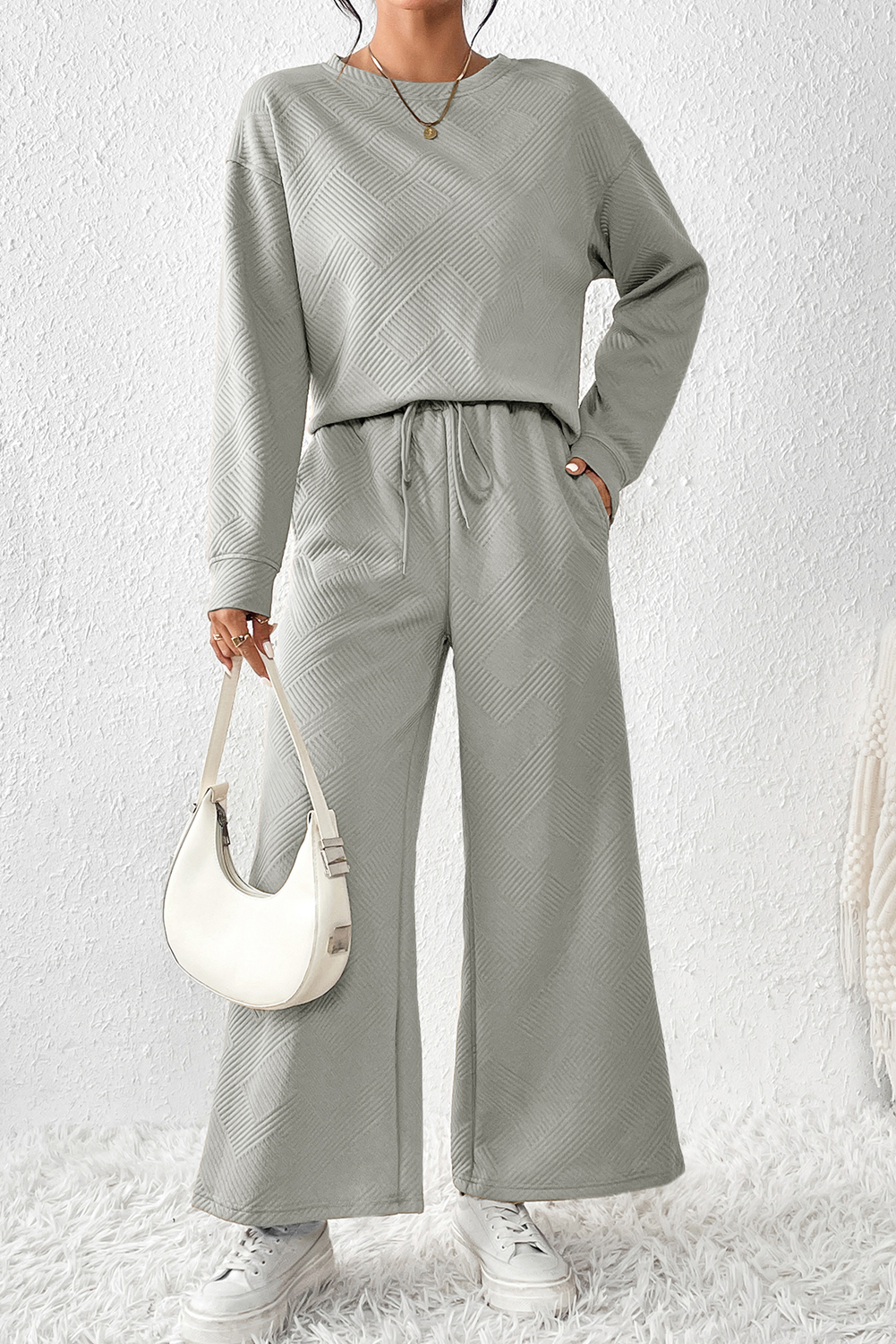 Shewin Wholesale WESTERN Gray Textured Loose Slouchy Long Sleeve Top and Pants Set
