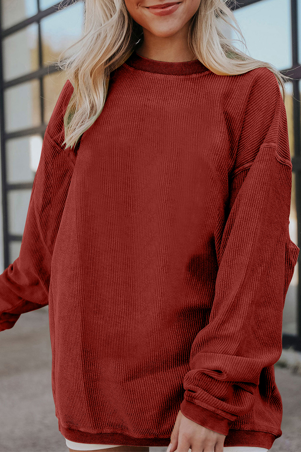 Shewin Dropshipping Red Contrast Trim Crinkle Rib Oversized SWEATSHIRT