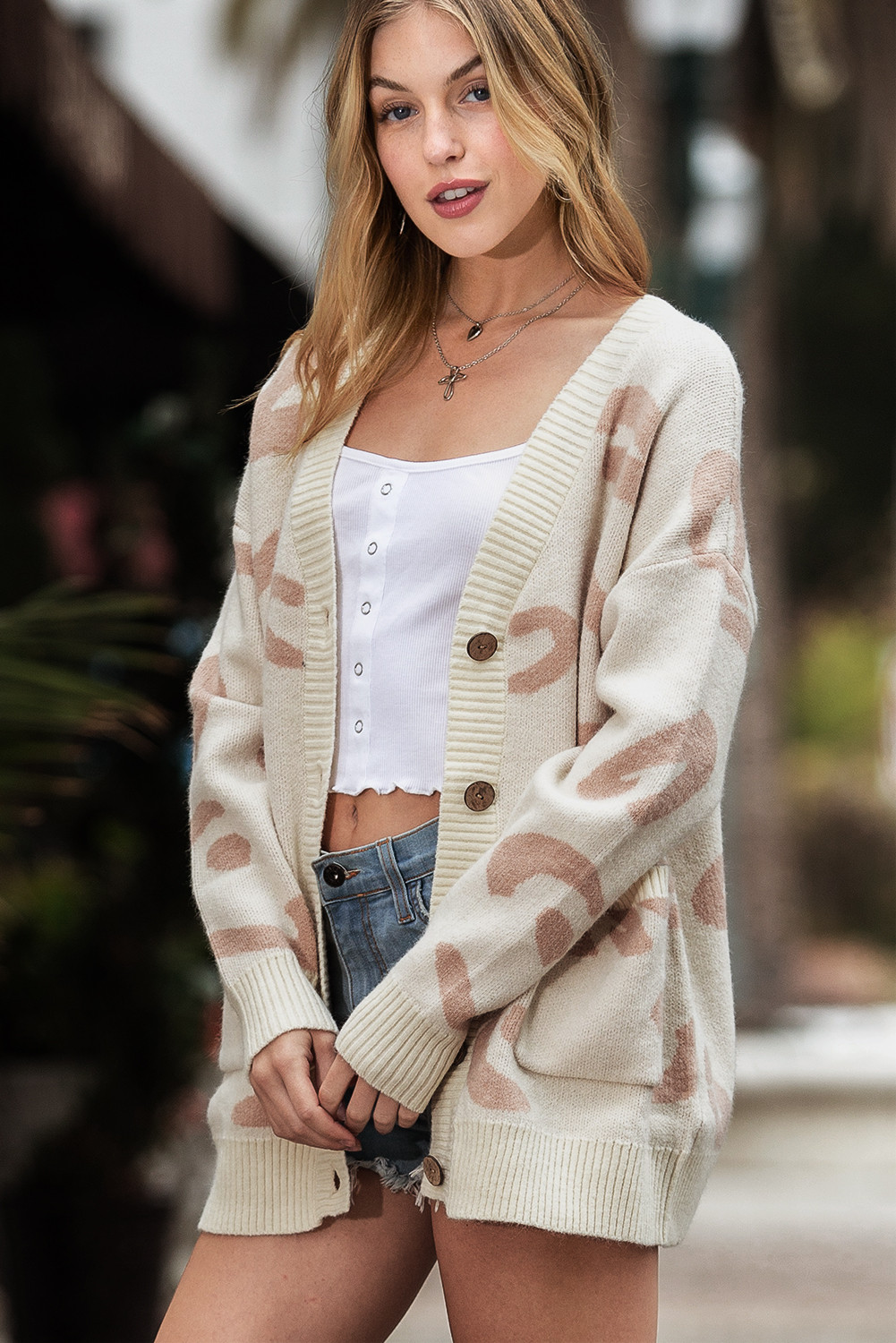 Beige Slouchy Leopard V Neck Buttoned Cardigan