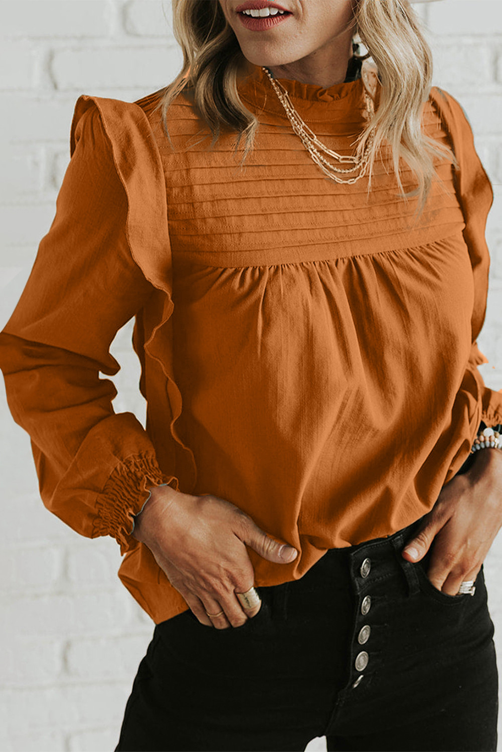 Camel Ruffle Solid Color Pleated Smocked Long Sleeve Blouse