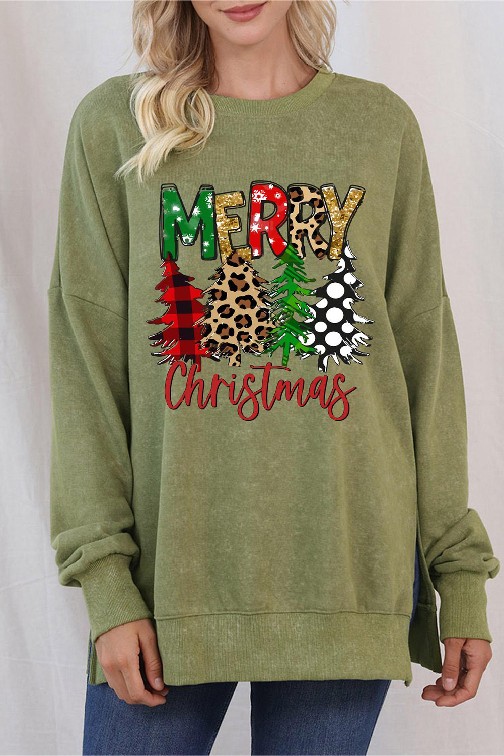 Green Merry Chiristmas Split Pullover Graphic Sweatshirt