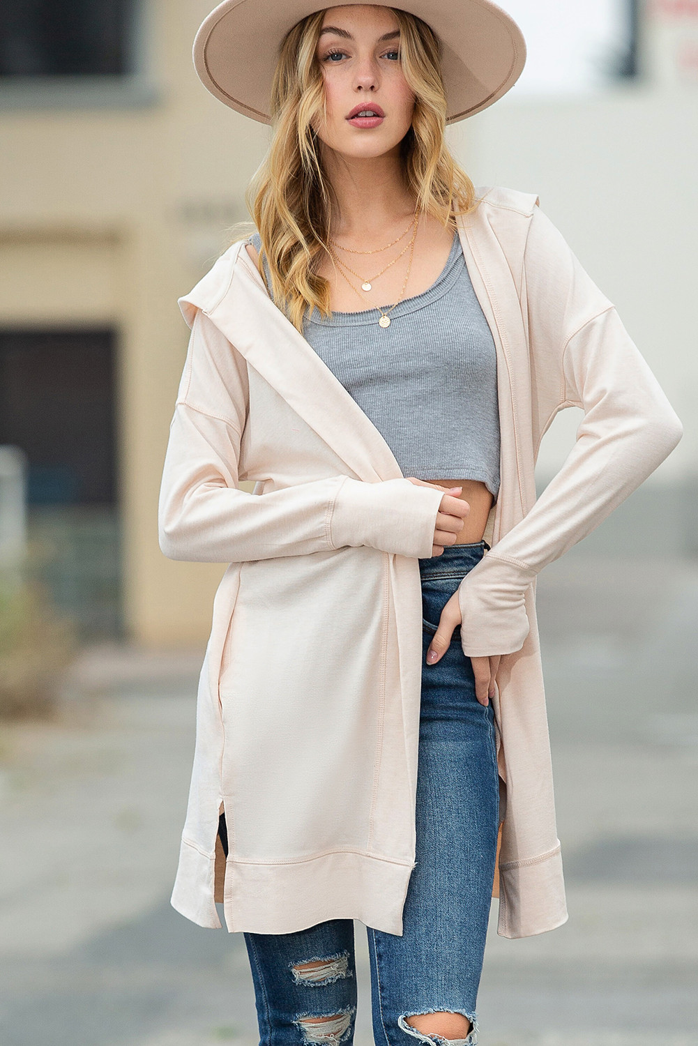 Apricot Open Front Hooded Long Cardigan with Slits