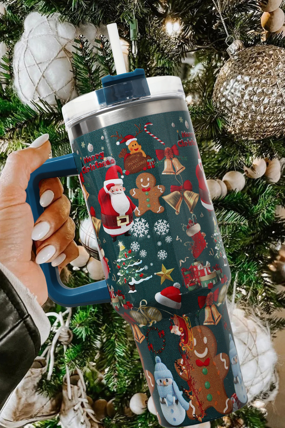 Blue 304 Christmas Pattern Print Stainless Steel Tumbler