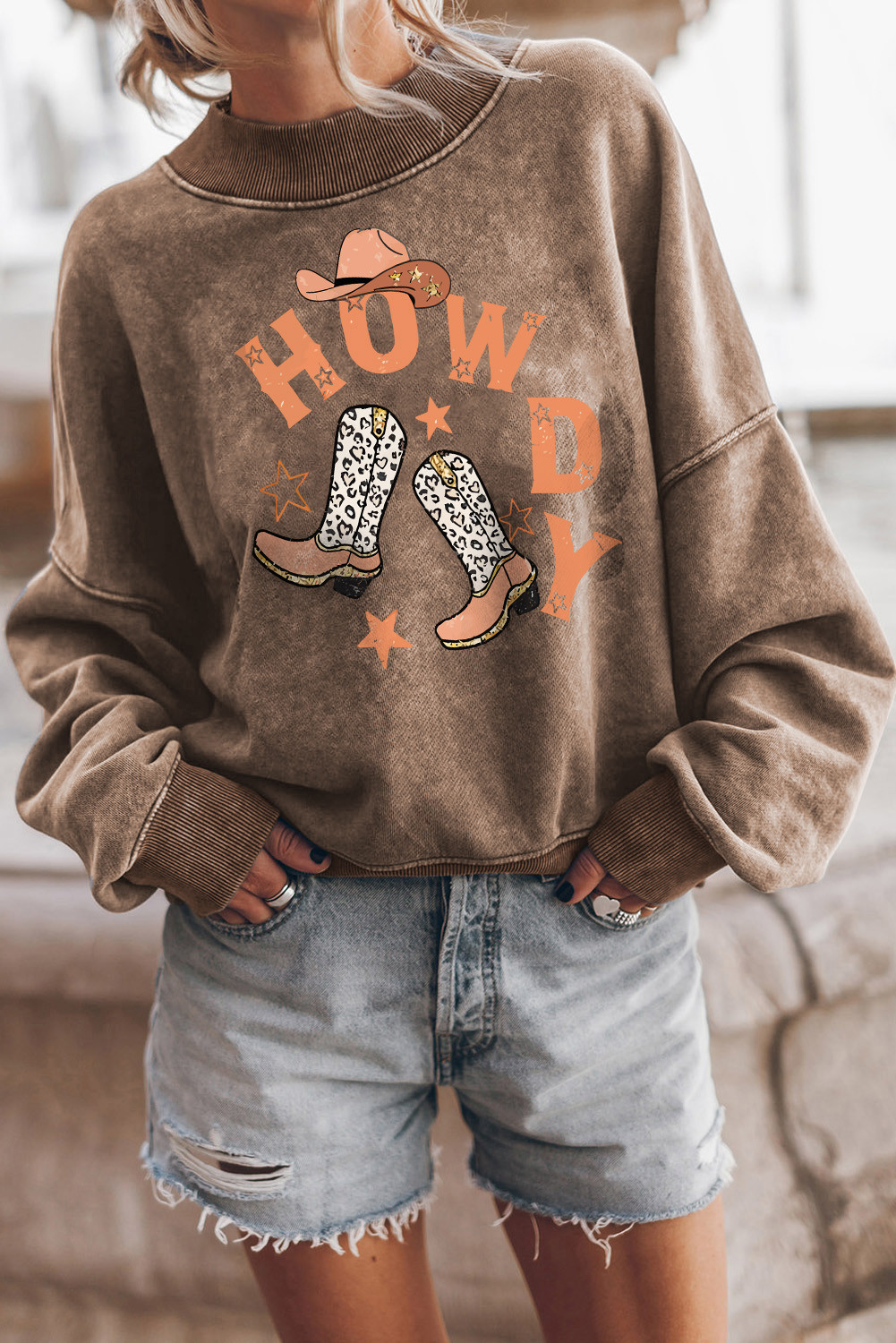 Brown HOWDY Printed Round Neck Graphic Sweatshirt