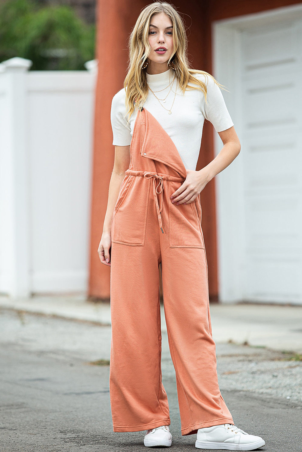 Shewin Wholesale Southern CLOTHING  Orange Pocketed Drawstring Wide Leg Overalls