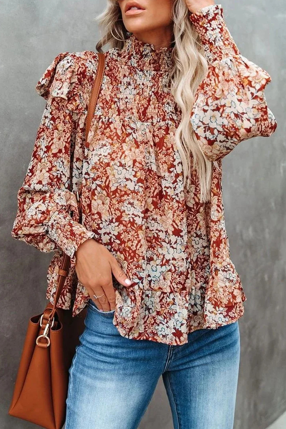 Gold Flame Floral Smocked Sleeve High Neck Ruffled Blouse