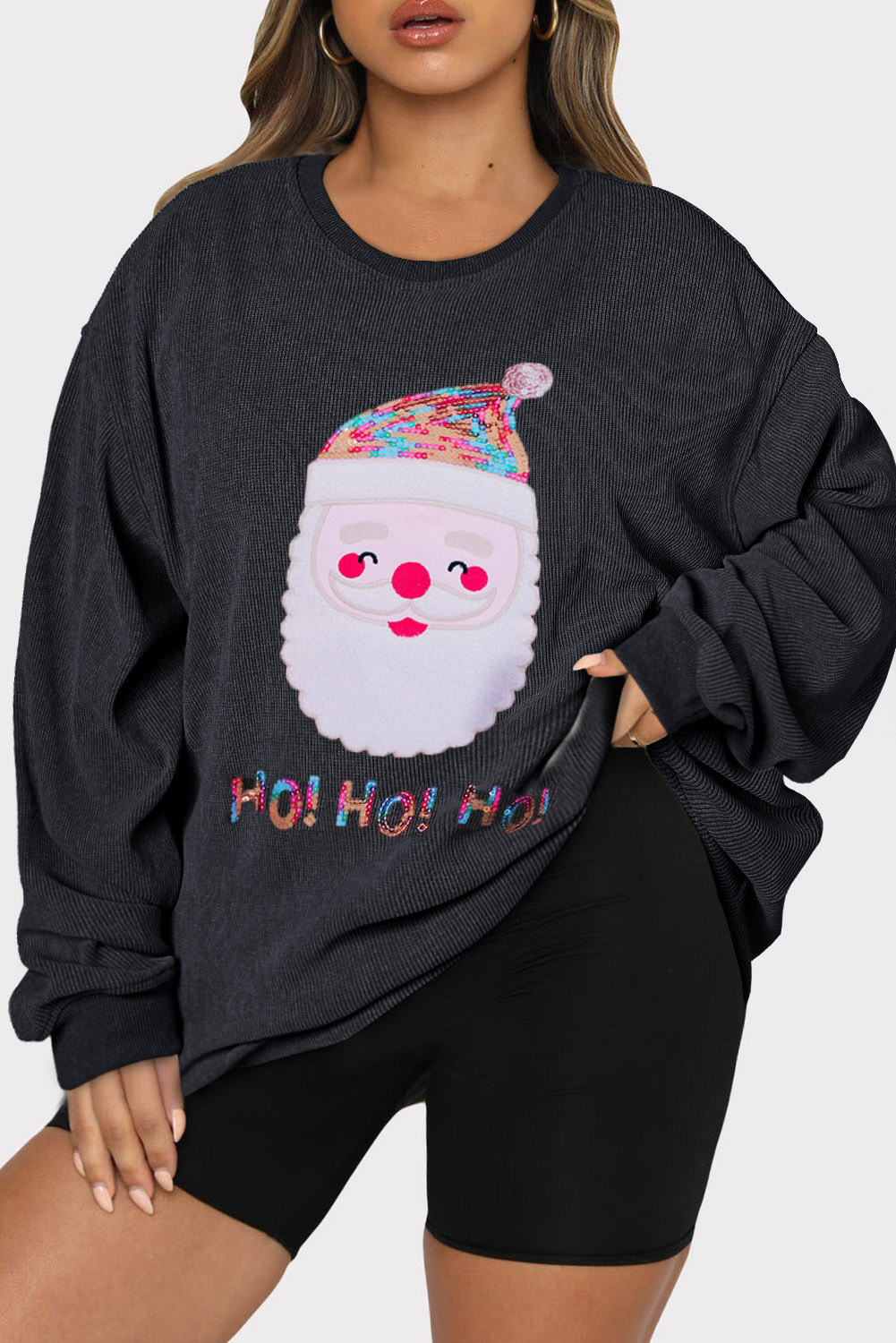 Black Christmas Santa Plus Size Corded Graphic Sweatshirt