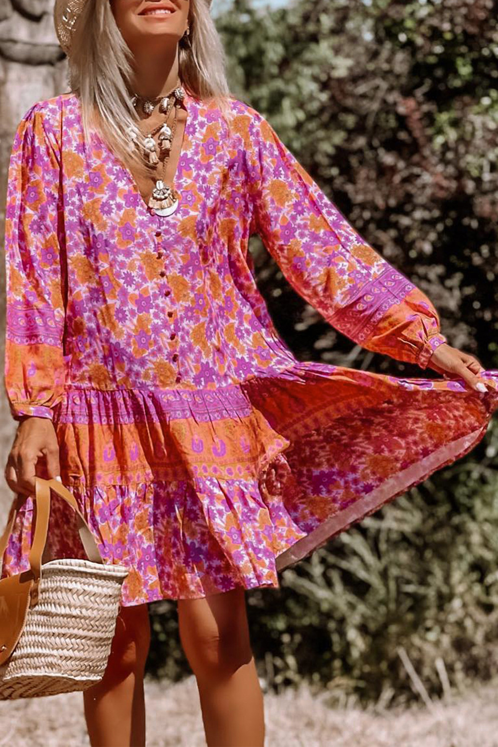 Rose Boho Floral Puff Sleeve V Neck Ruffled Dress