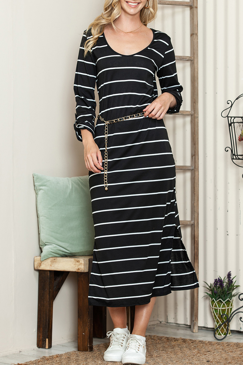 Black Striped Casual Slit High Waist Maxi Dress