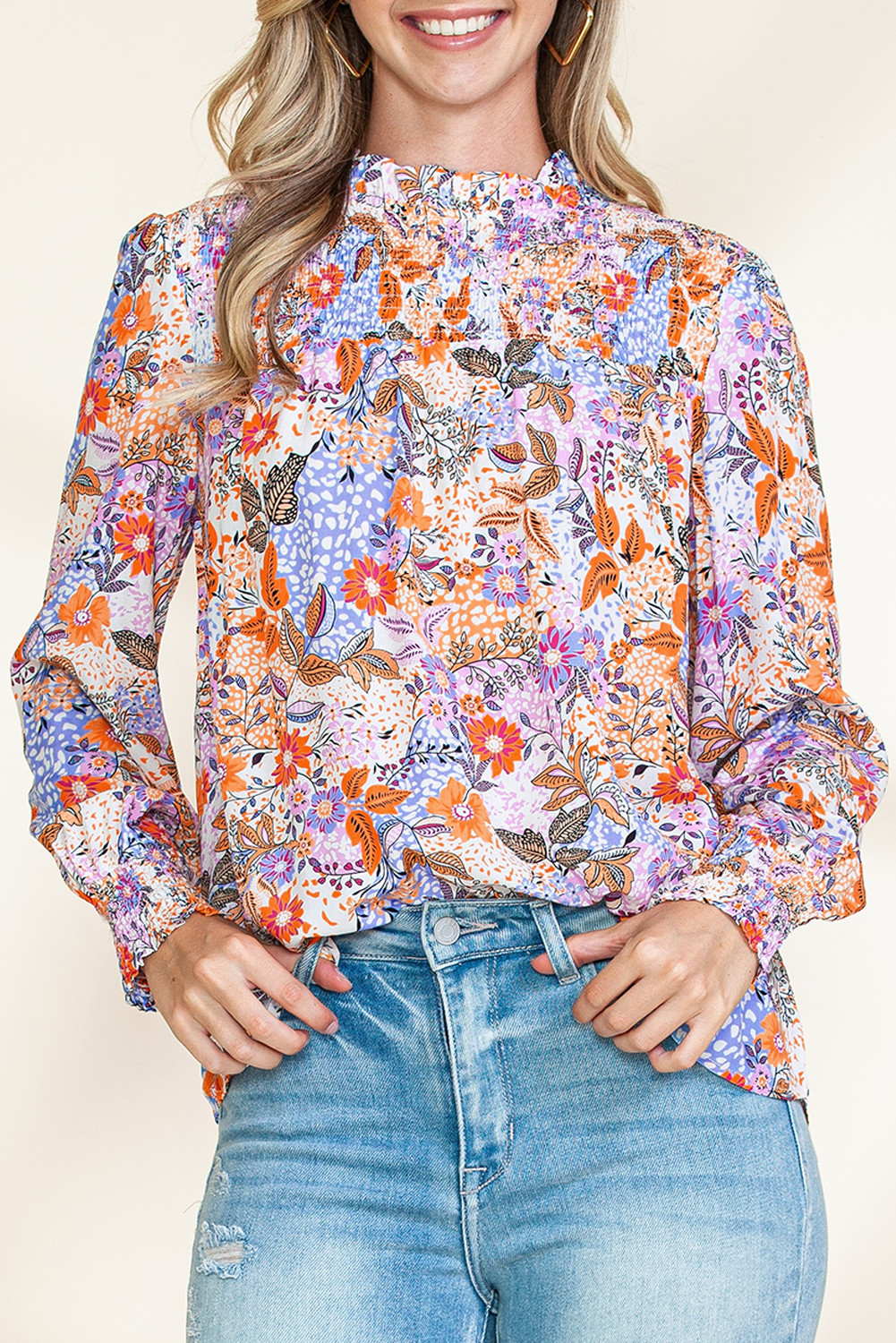 Multicolor Floral Bishop Sleeve Boho Smocked Blouse