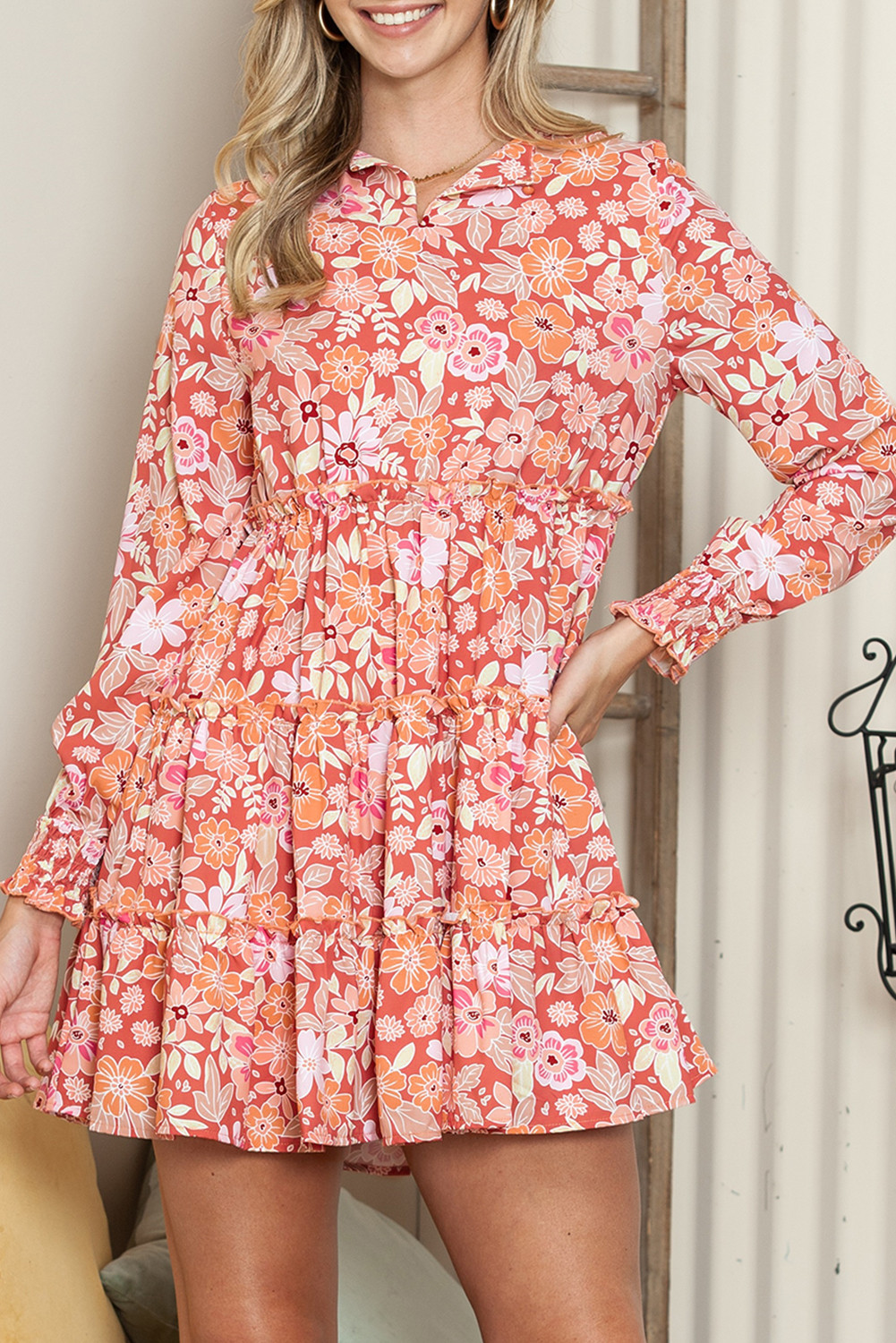 Floral Printed Long Sleeve Frill Tiered Boho Mini Dress