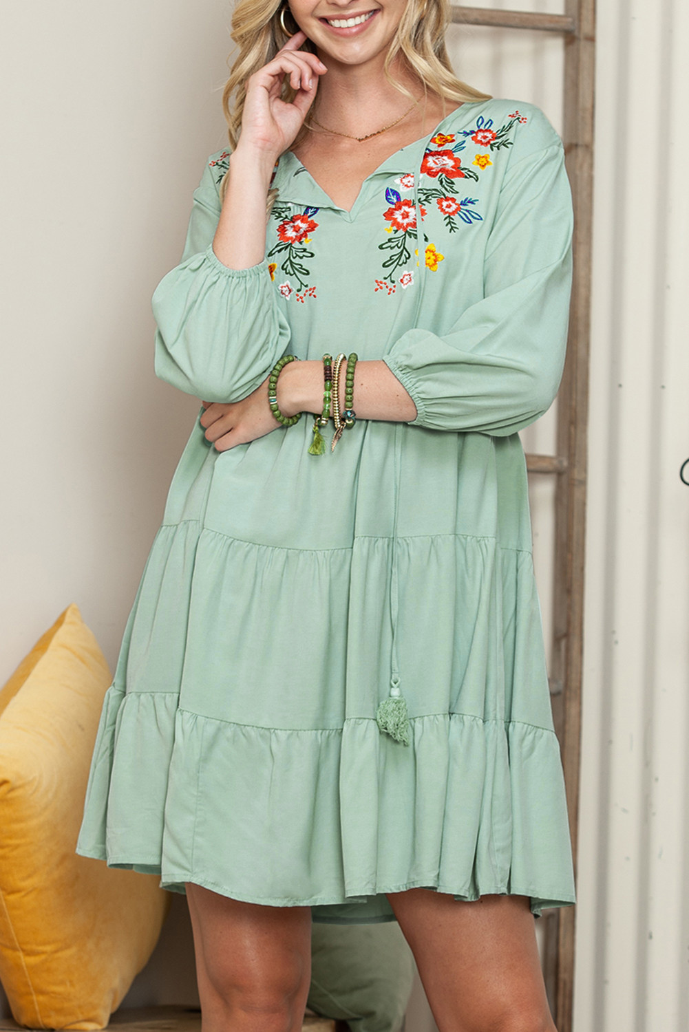 Green Floral Embroidery Tiered Ruffle Hem Dress