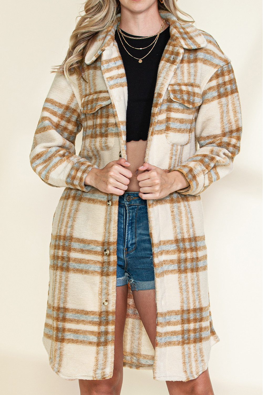 Brown Plaid Print Flap Pockets Button-up Long Jacket