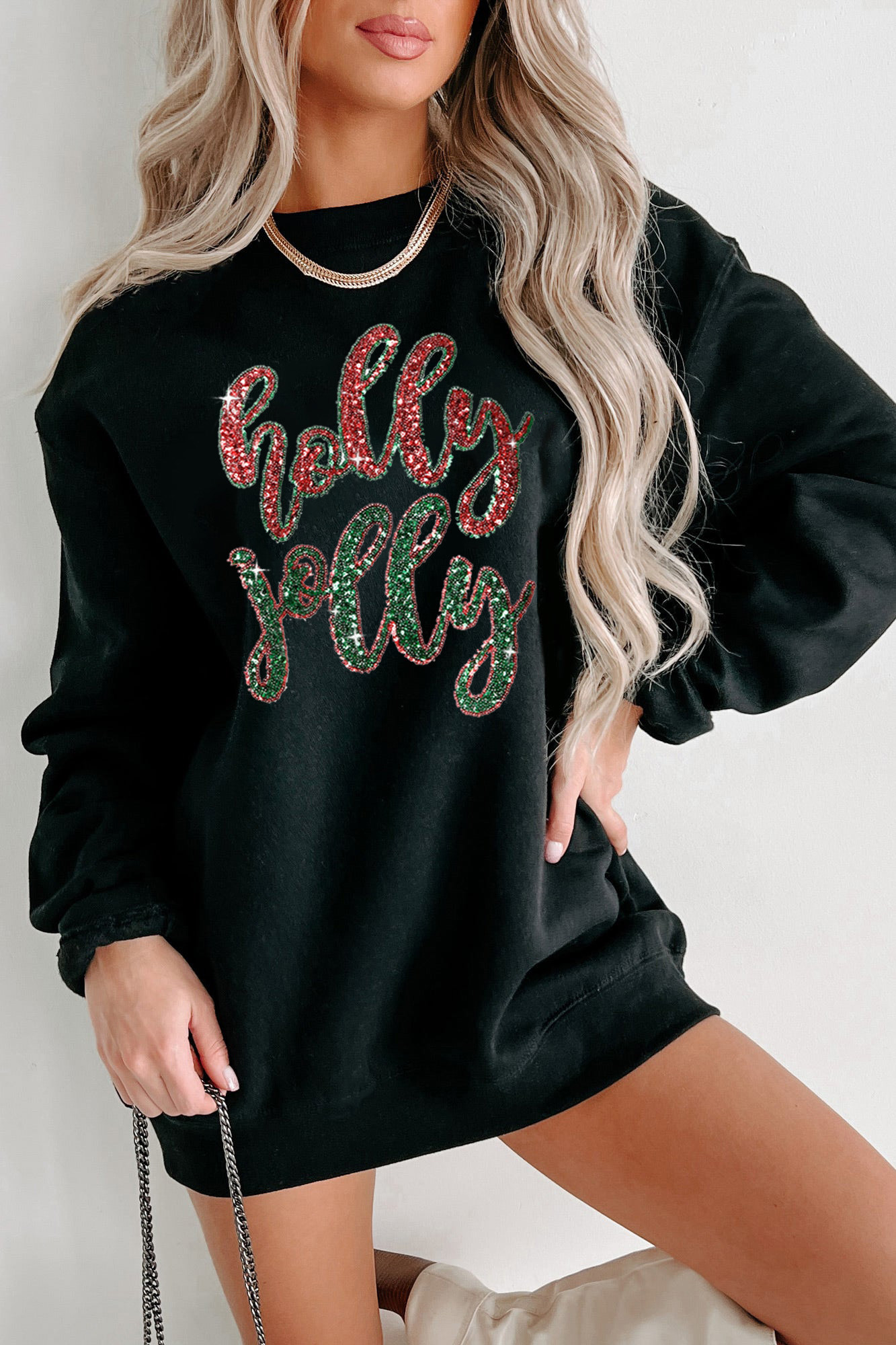 Black Christmas Sequined Holly Jolly Graphic Sweatshirt