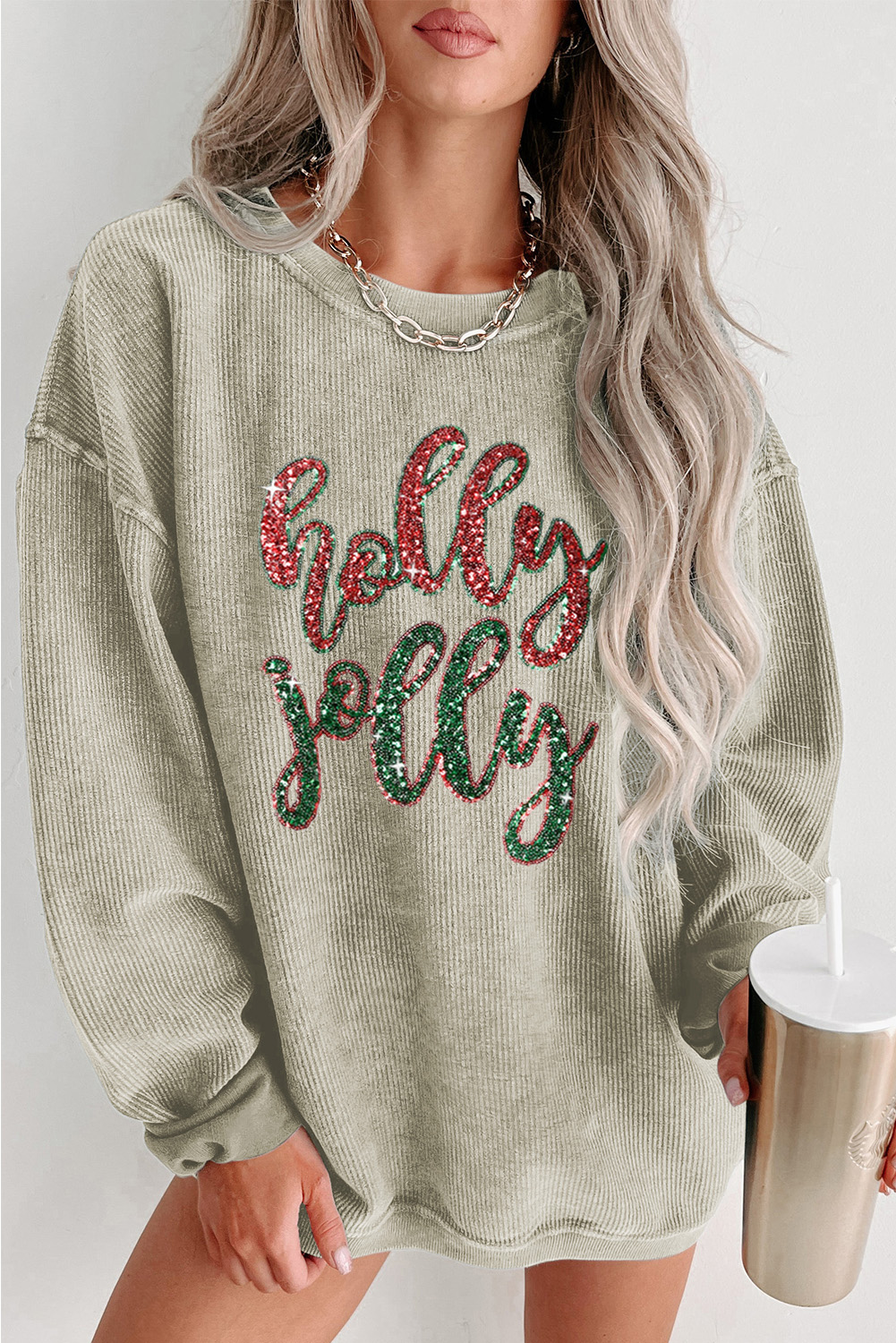 Shewin Wholesale Fashion Green Crinkle Rib CHRISTMAS Tree Sequin Graphic Sweatshirt