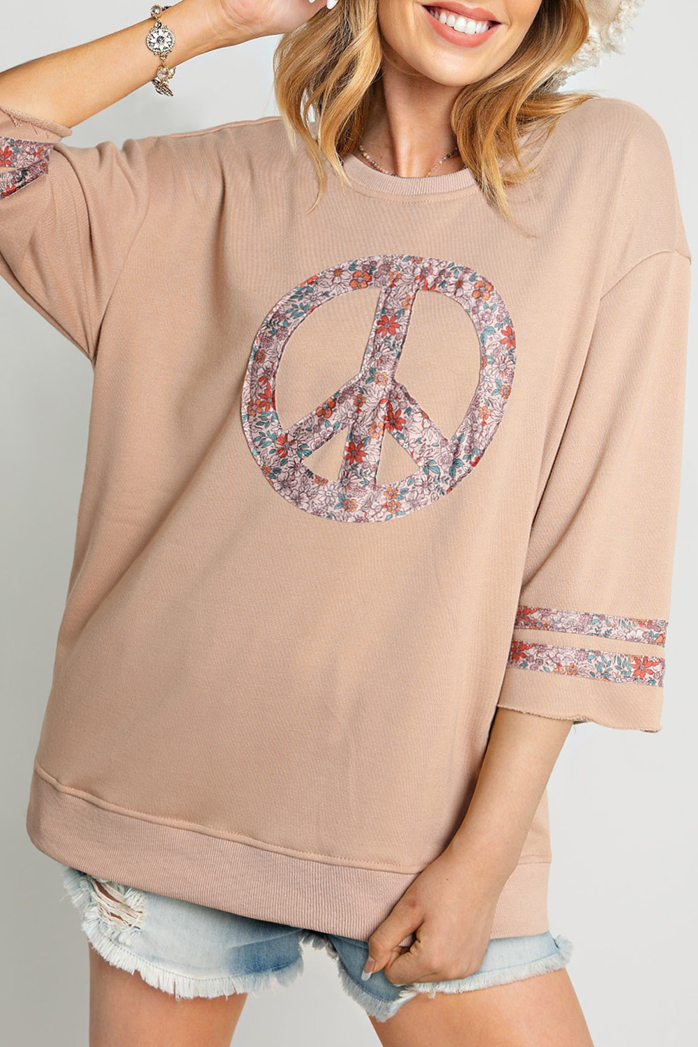 Khaki Floral Peace Sign Patchwork 3/4 Drop Sleeve Pullover Top