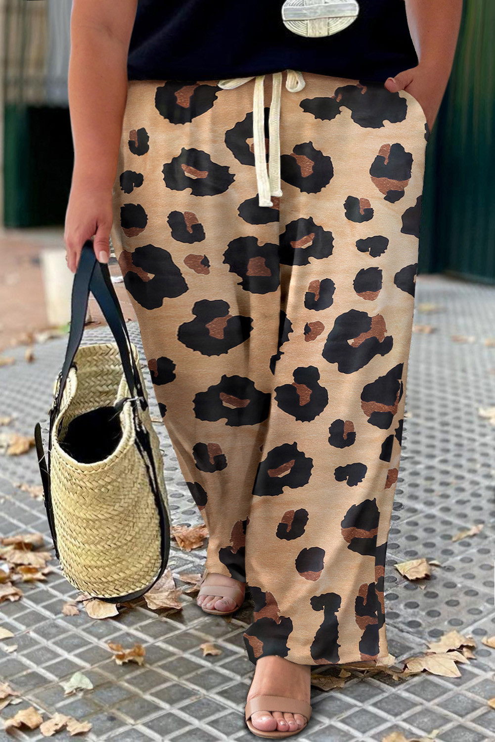 Light French Beige Leopard Print Drawstring Wide Leg Lounge Pants