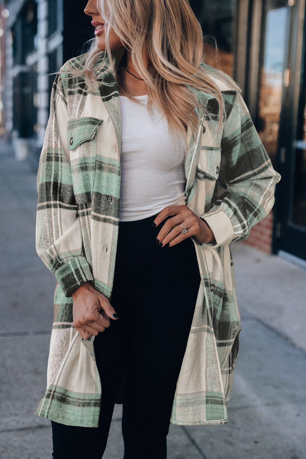 Mint Green Plaid Flap Pockets Button Up Flannel Long Shacket