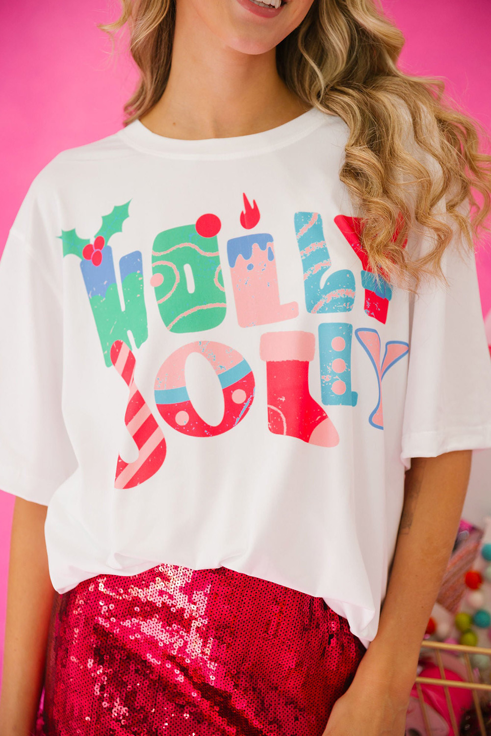 White HOLLY JOLLY Christmas Graphic Tee