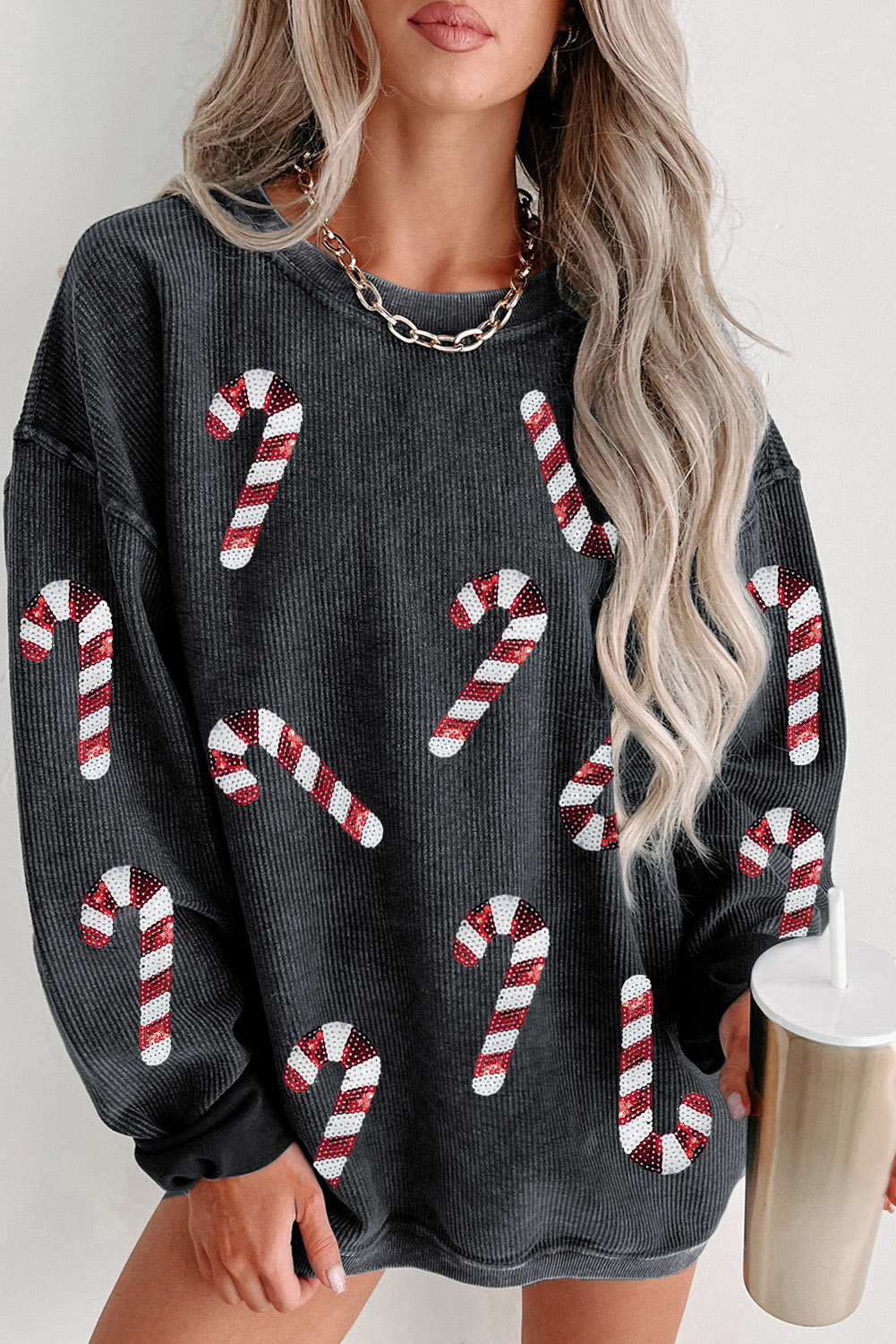 Shewin Wholesale Lady Black Xmas CANDY Cane Shining Graphic Corded Sweatshirt