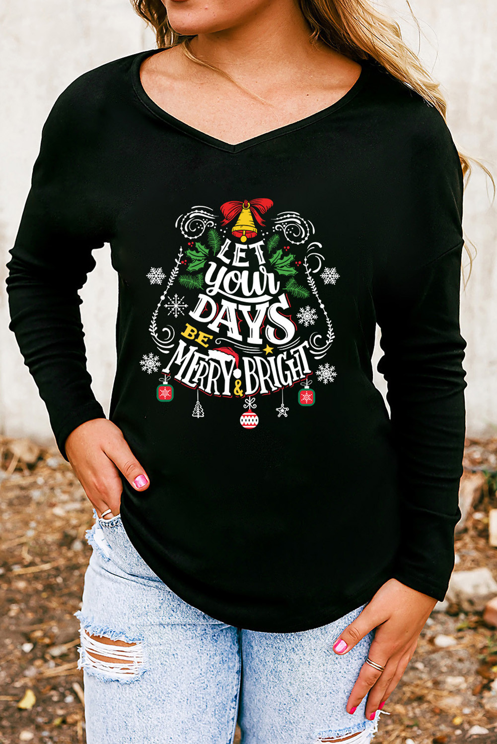 Black Christmas Wish Graphic V Neck Long Sleeve Top