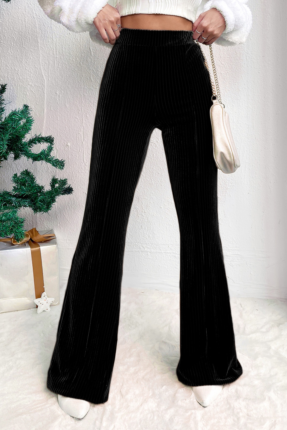 Shewin Wholesale Customized Black Solid Color High Waist Corduroy Flare PANTS