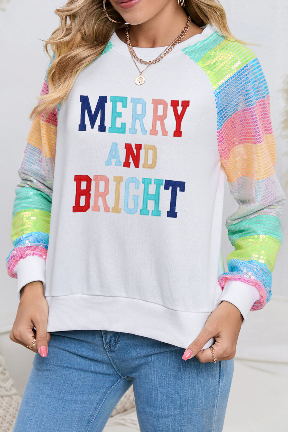 White Colorblock Sequin Sleeve Christmas Graphic Sweatshirt