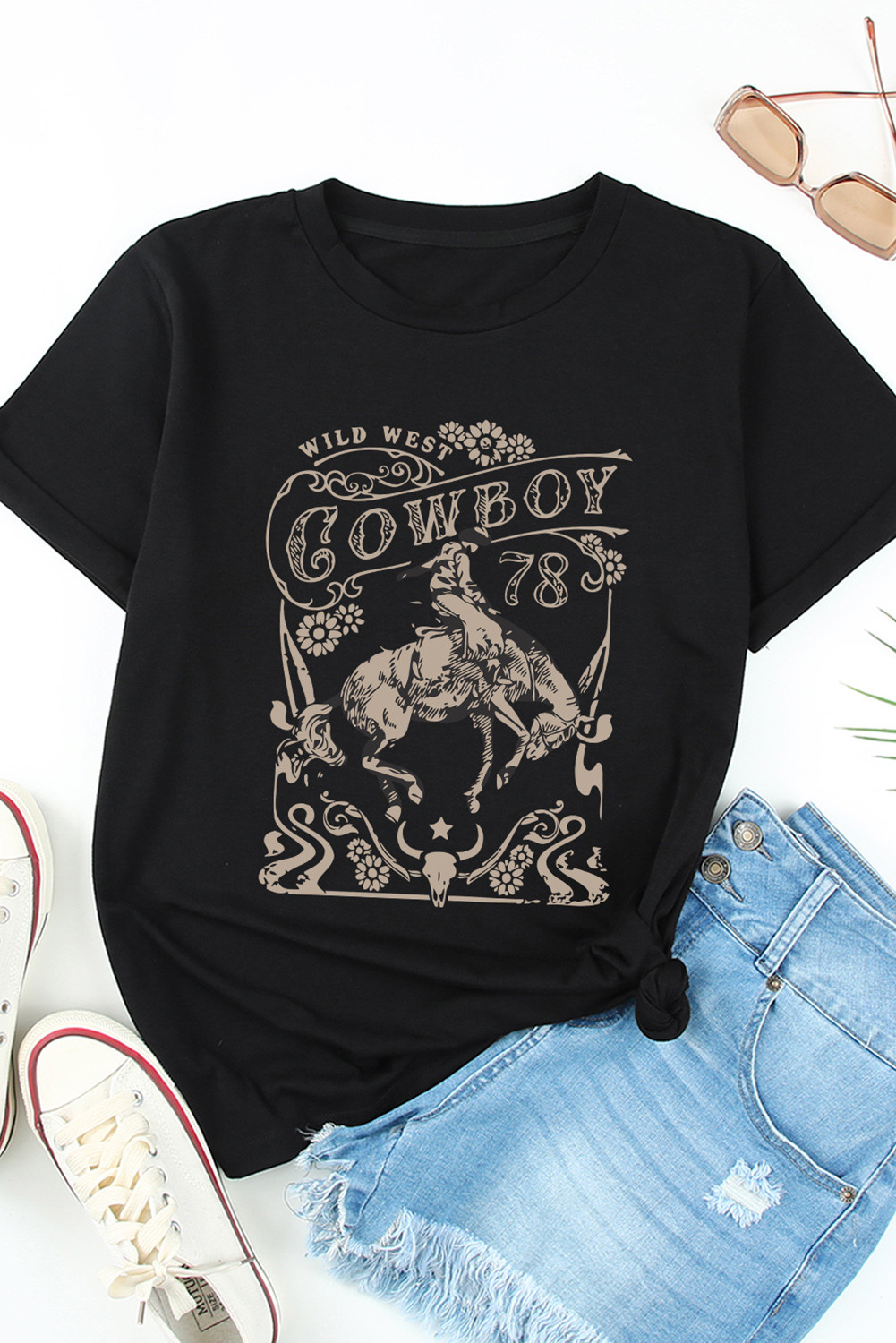 Black Western COWBOY Graphic Crew Neck T Shirt